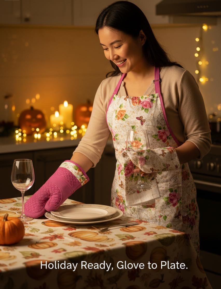 HOMETYGER Complete 4-Piece Set – Includes apron, heat-resistant oven mitt, dish towel, and an extra matching hand towel for everyday kitchen use (Pink Floral)