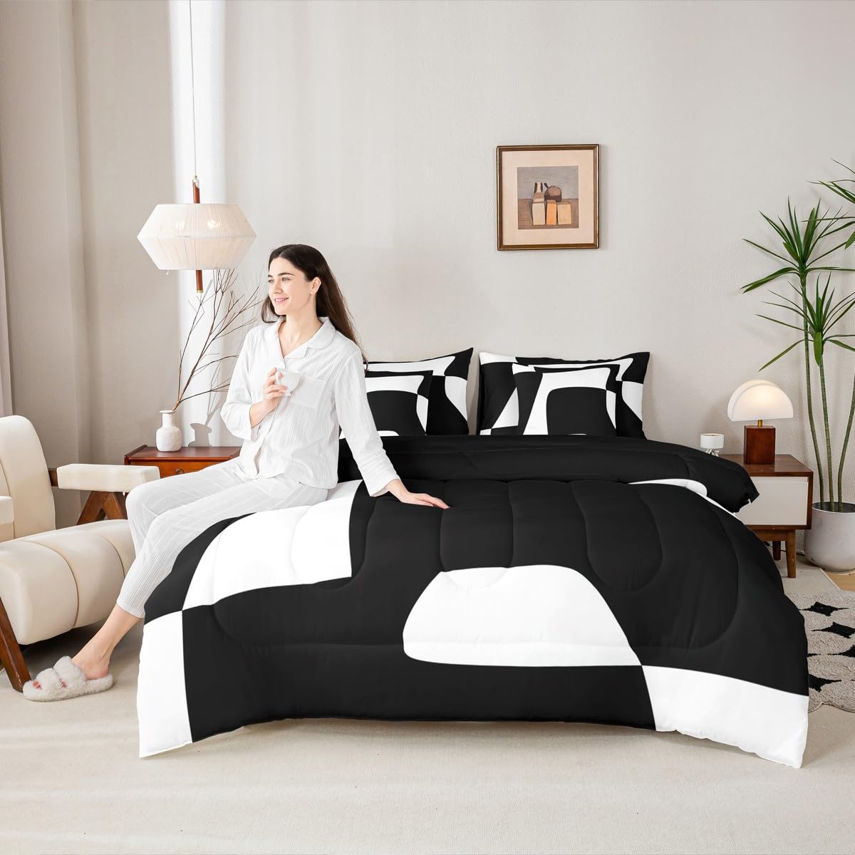 Erosebridal Black and White Abstract King 7-Piece Bedding Set for Adult Women Men Boho Geometric Striped Comforter Set Modern Art Bed in a Bag Simple Aesthetic Modern Bed Collections