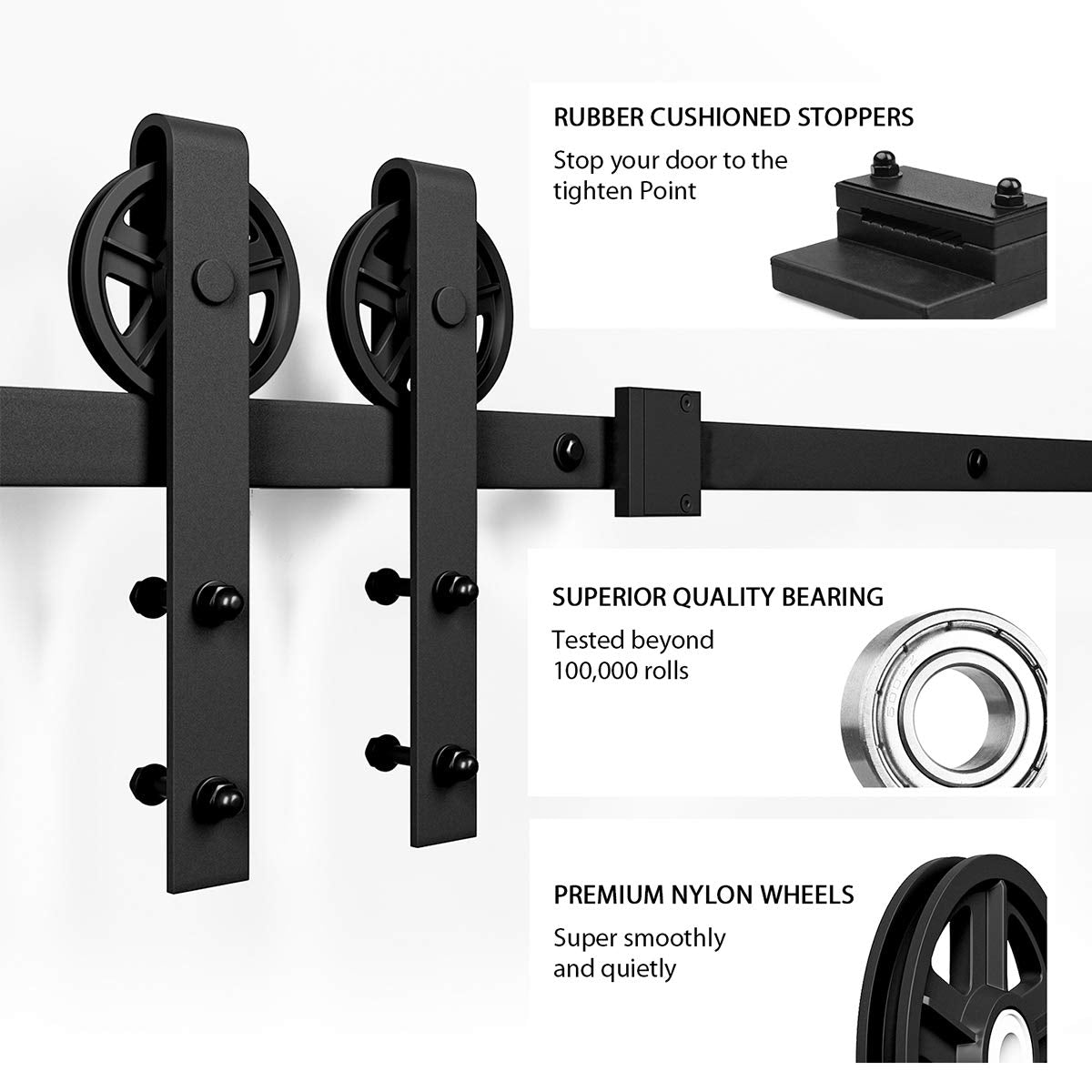 SMARTSTANDARD 6.6ft Heavy Duty Sliding Barn Door Hardware Kit, Black, (Whole Set Includes 1x Pull Handle Set & 1x Floor Guide) Fit 36"-40" Wide Door Panel (Big Industrial Wheel Hangers)