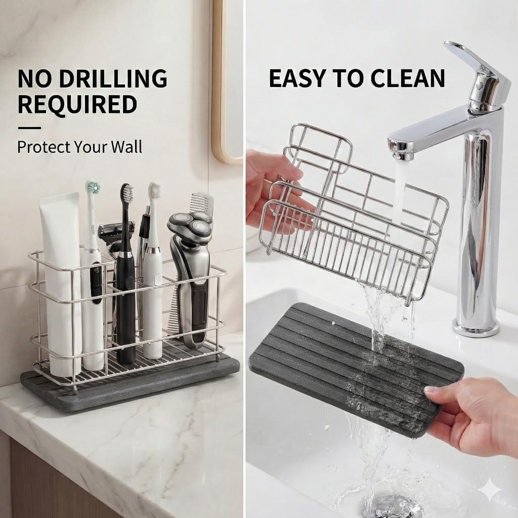 Cong He Toothbrush Holder for Bathroom Countertop, Stainless Steel Electric Toothbrush Organizer with Quick-Drying Diatomite Stone Mat, Rustproof Vanity Caddy for Toothpaste and Razors, Grey