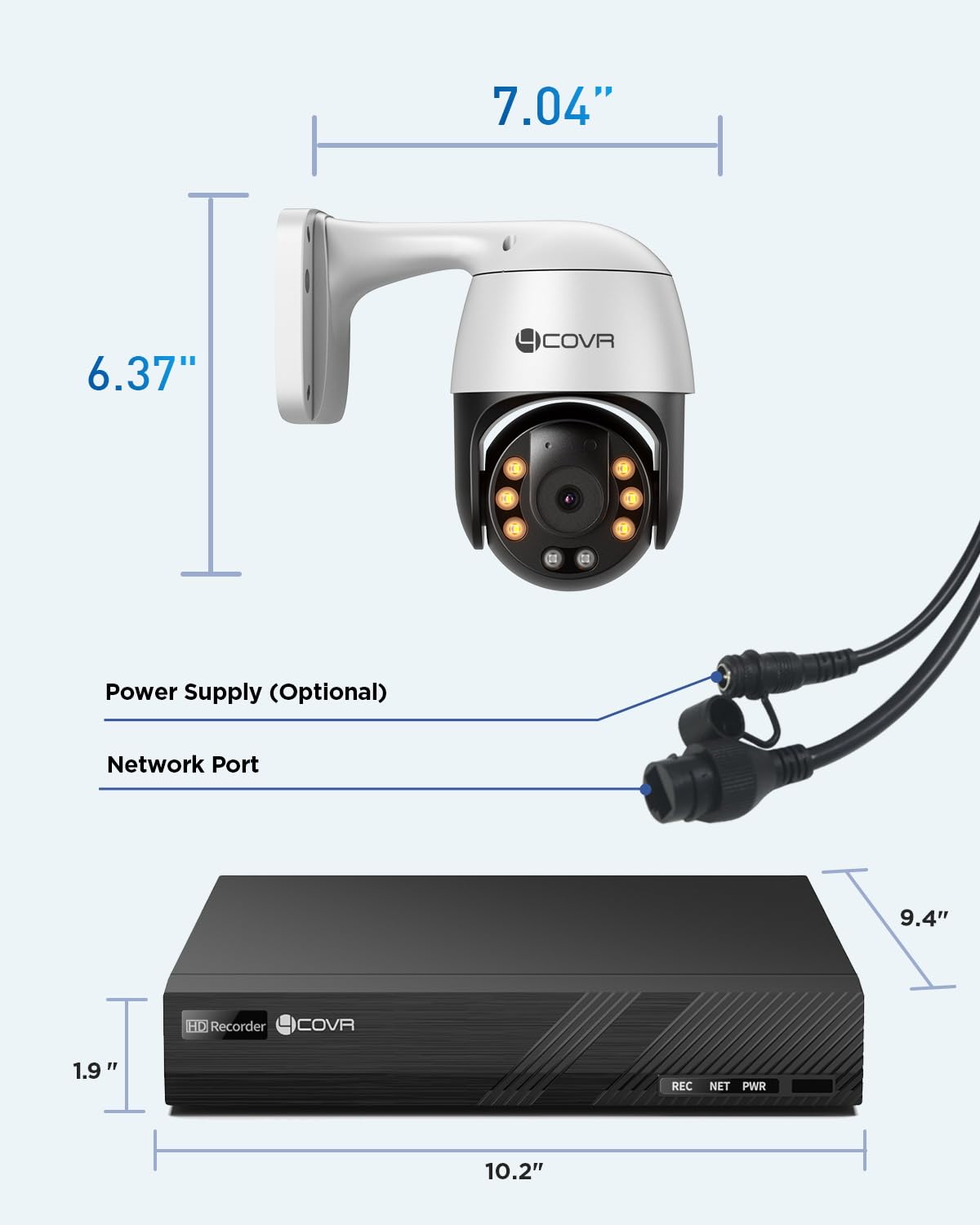 4COVR PoE PTZ Security Camera System, 350ー Pan 90ー Tilt 3X Digital Zoom, 4X 5MP PoE IP Camera, 8CH 4K NVR & 2TB HDD, AI Human Vehicle Detection, Smart Color Night Vision, Two Way Audio, LYM2XP5M0804