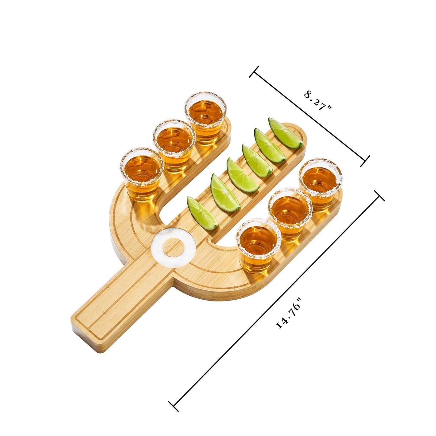 Cactus Tequila Tray & Shot Glasses Set - Tequila Gifts & Mexican Gifts - Bamboo Shot Glass Holder Serving Tray - Flight Board with Lemon Bowl, Salt Rimmer & Shot Glass Set - Party Shot Board, Gift