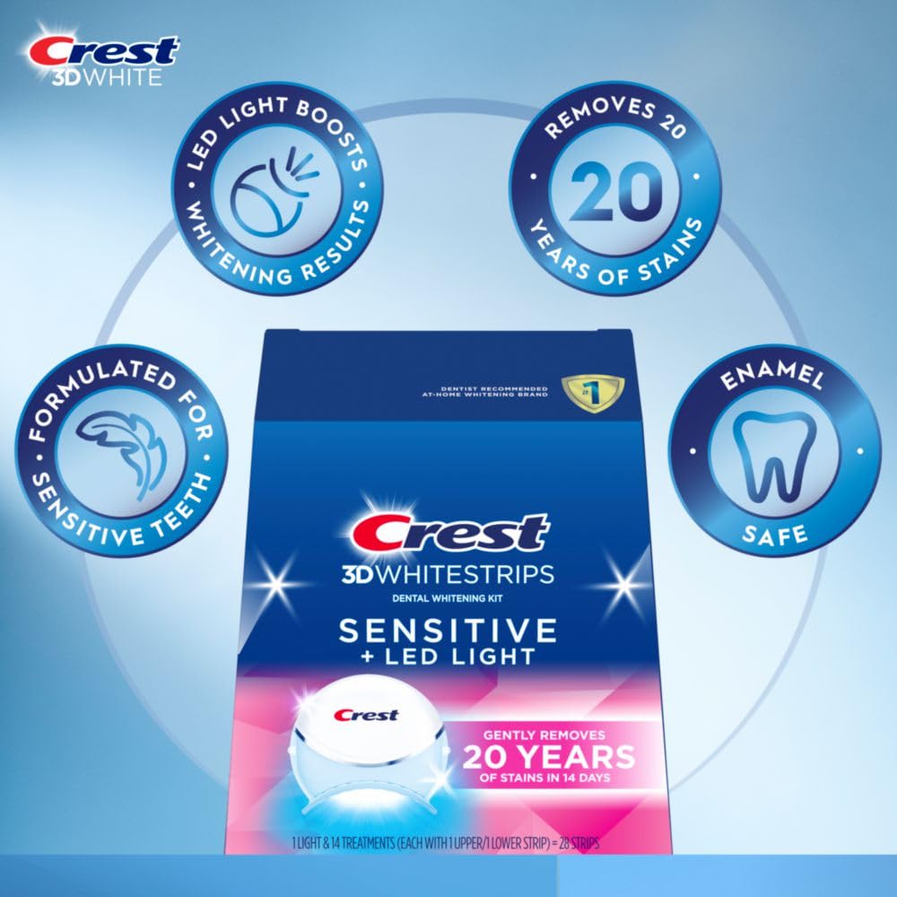 Crest 3DWhitestrips Sensitive + LED Light Teeth Whitening Kit, 14 Treatments, Gently Removes 20 Years of Stains
