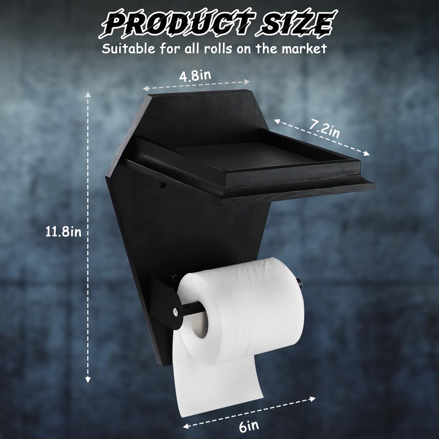 Coffin Toilet Paper Holder with Shelf - Goth Wooden Black Paper Roll Holder - Gothic Halloween Bathroom Decor - Goth Accessories Spooky Home Decor - Witchy Gifts for Women