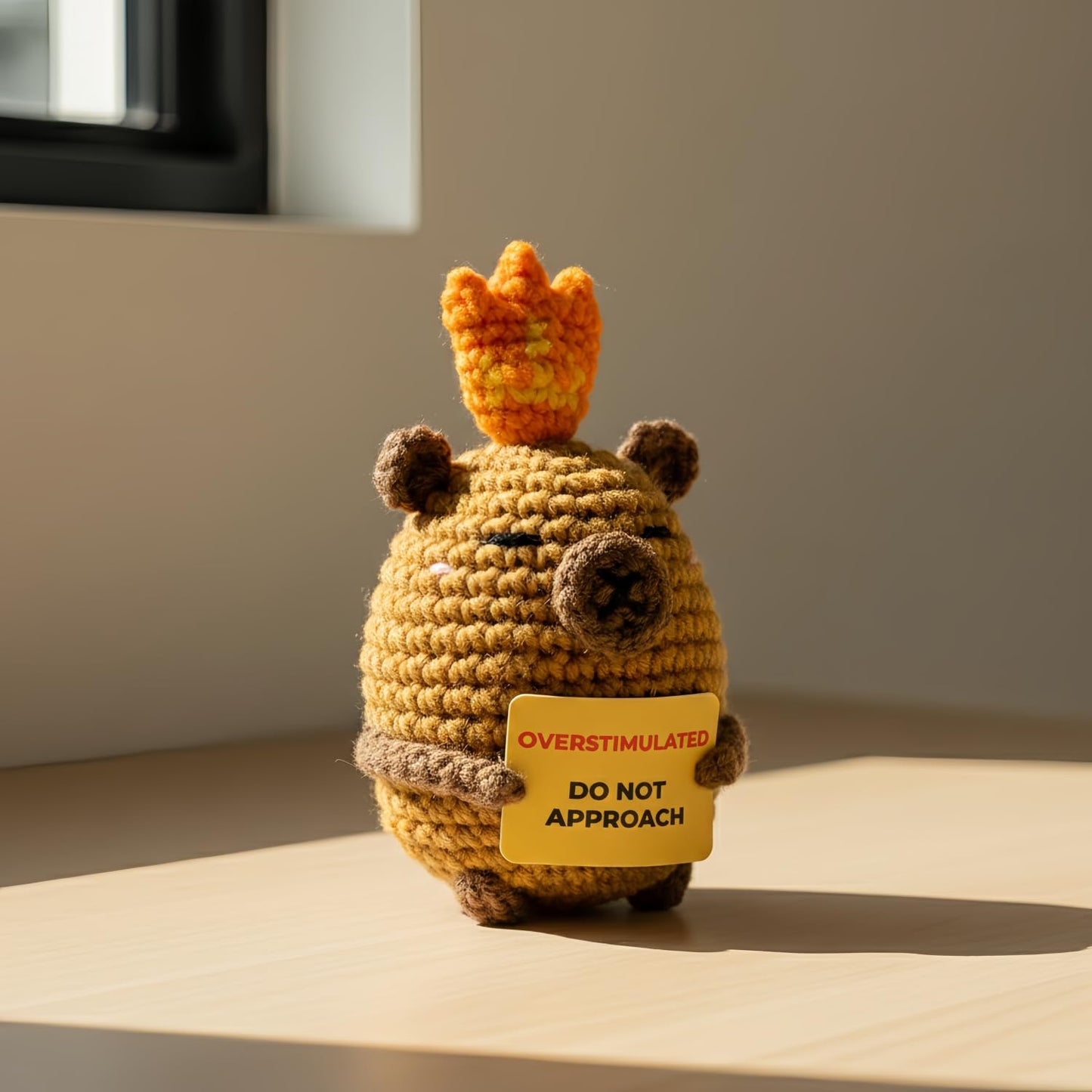 Overstimulated Do Not Approach Desk Sign, Handmade Crochet Capybara Plush with Card, Mini Desk Decor with Wooden Stand, Gift-Ready Organza Bag, Funny Office Cubicle & Home Office Gift