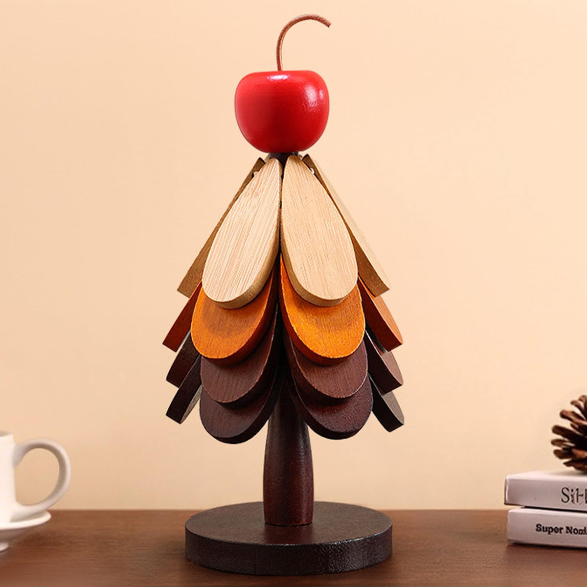 3 Pcs Wooden Trivets for Hot Dishes with Storage Stored, 5.7" Foldable Christmas Tree Shaped Trivets Set, Heat Resistant Hot Pads for Hot Pots Bowl Teapot, Kitchen Decor for Quartz Counter (Apple)
