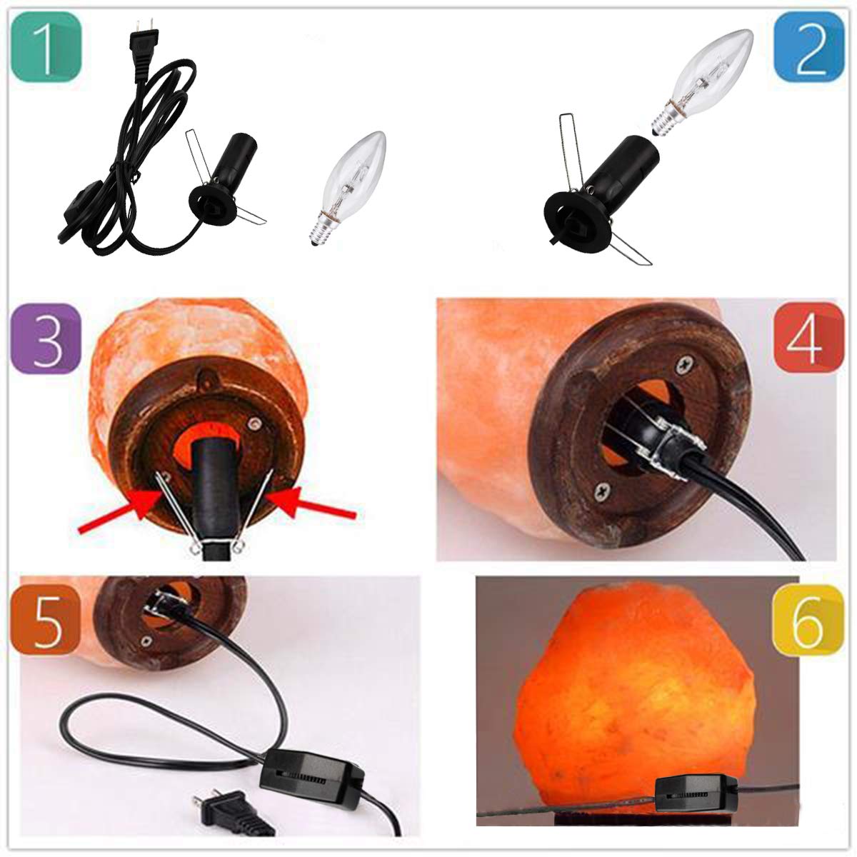 Himalayan Salt Lamp Cord with Gear Switch,Original Replacement Cord with Base Assembly with E12 Socket,Christmas Light Bulb,Himalayan Salt Lampsand with 6 Free Bulbs for Salt Lamp (1P)