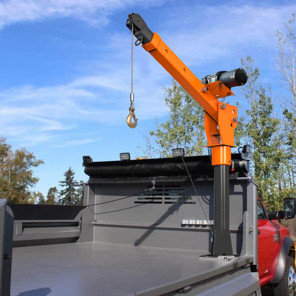 RUGCEL 2200 lb Folding Truck-Mounted Jib Crane, 360° Swivel, Painted Steel, with 5000 lb 12V Electric Winch
