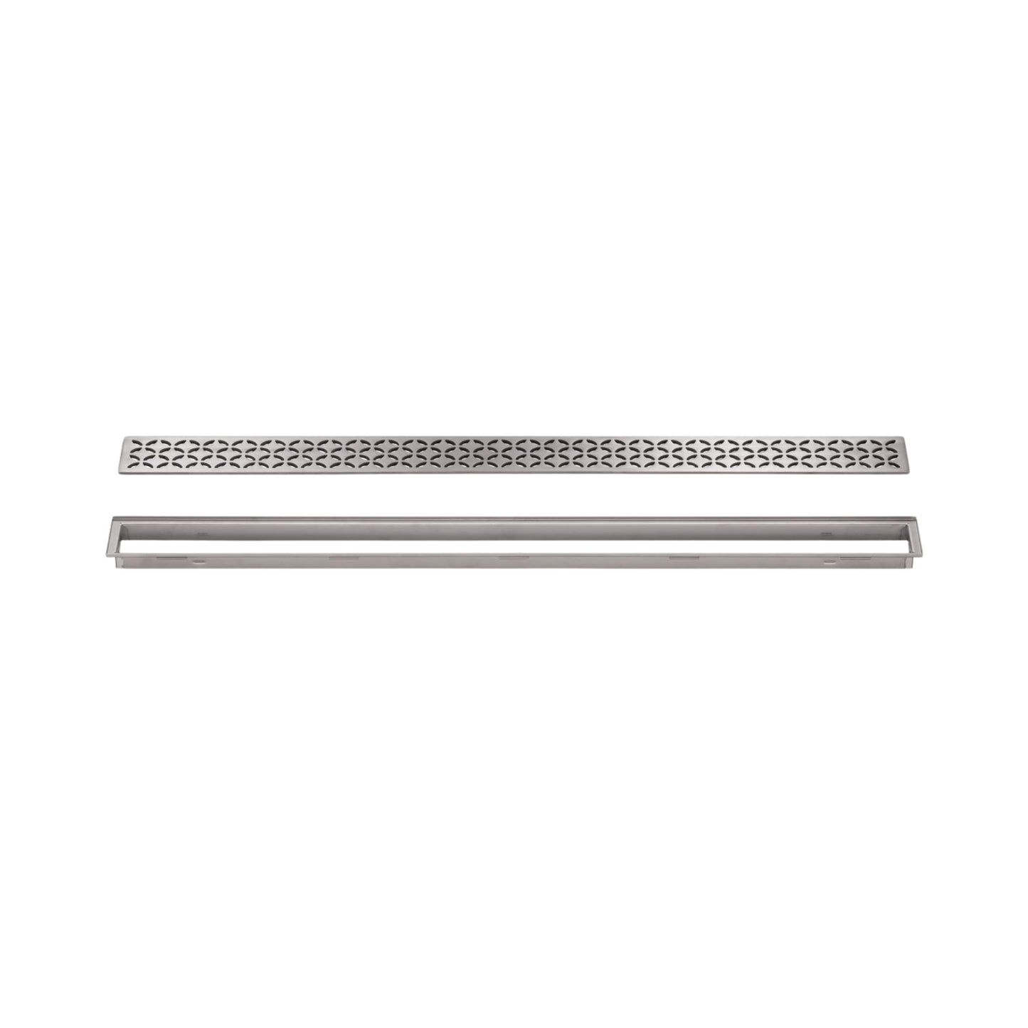 Schluter Kerdi-Line Brushed Stainless Steel Grate Assembly for Tile and Stone Coverings - Adjustable, Floral Design - 29/32" Frame, 27-9/16" Length - KL1IFE23EB70