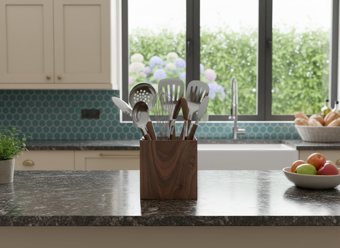 IVE Design Walnut Utensil Holder for Kitchen Wood Utensil Crock Wood Utensil Holder