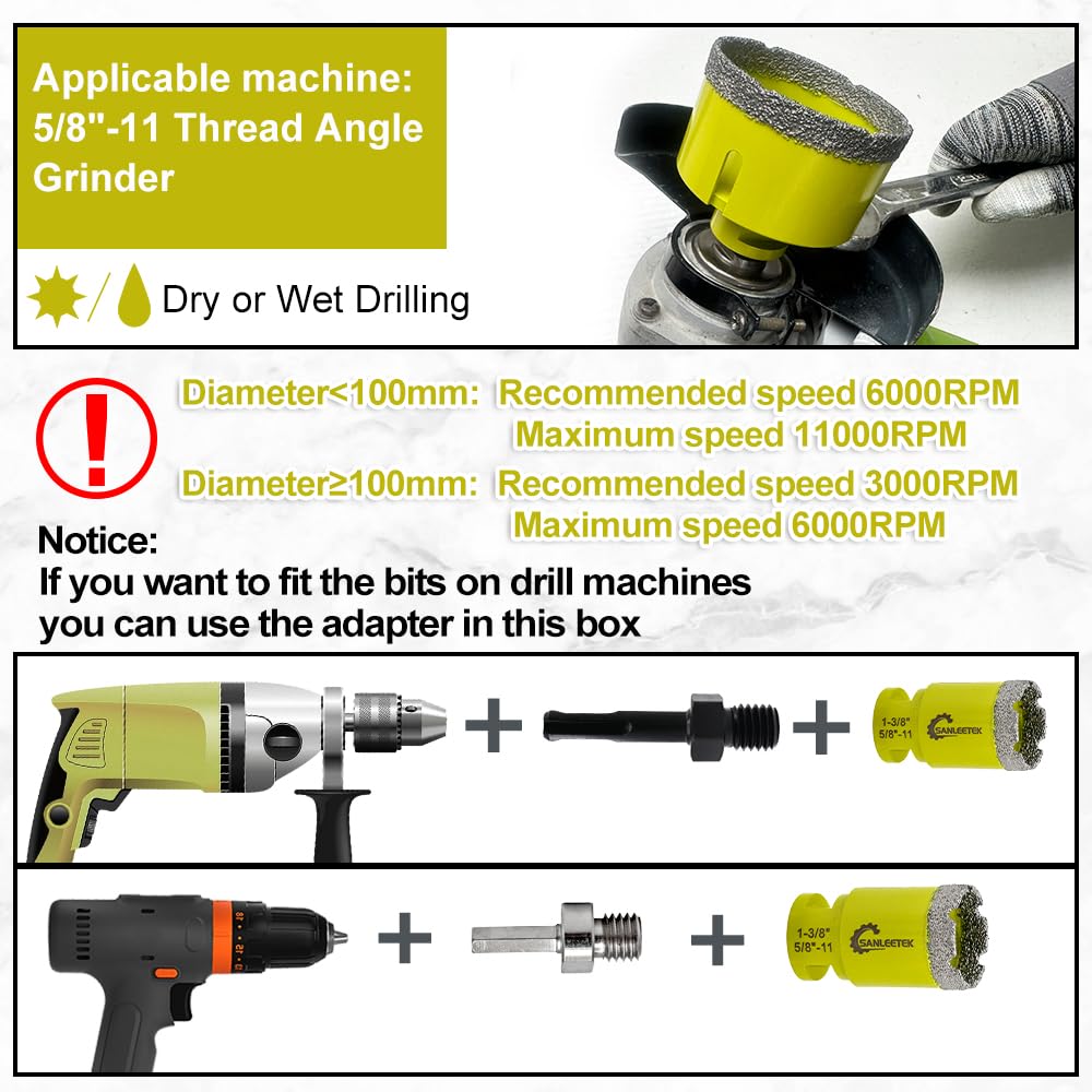 Diamond Tile Hole Saw Kit - Diamond Core Drill Bits Set SANLEETEK for Porcelain Tile Ceramic Marble 6/6/8/20/35/50/75/100MM+4/5'' Finger Bit+2" Chamfer Bit+SDS/HEX, 12pcs