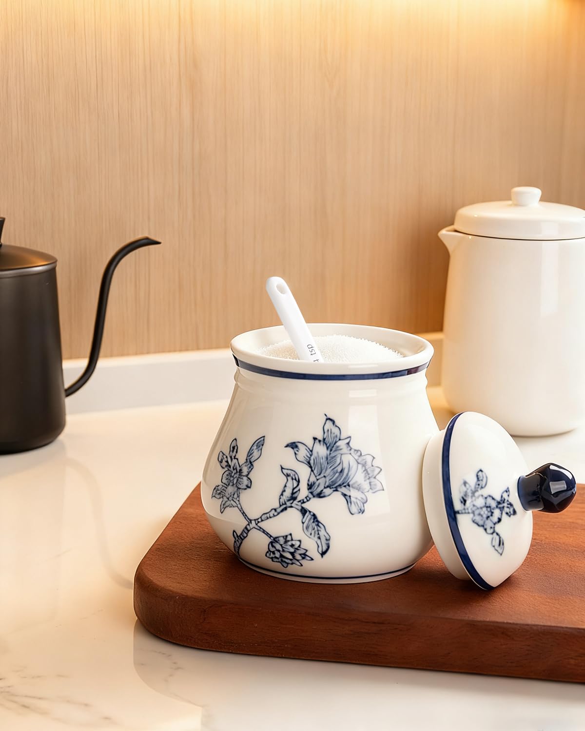 Magclay Ceramic Sugar Bowl with Lid and Spoon, 11Oz Sugar Container for Coffee Bar, Blue and White Sugar Jar/Dispenser, Flowers and Branches