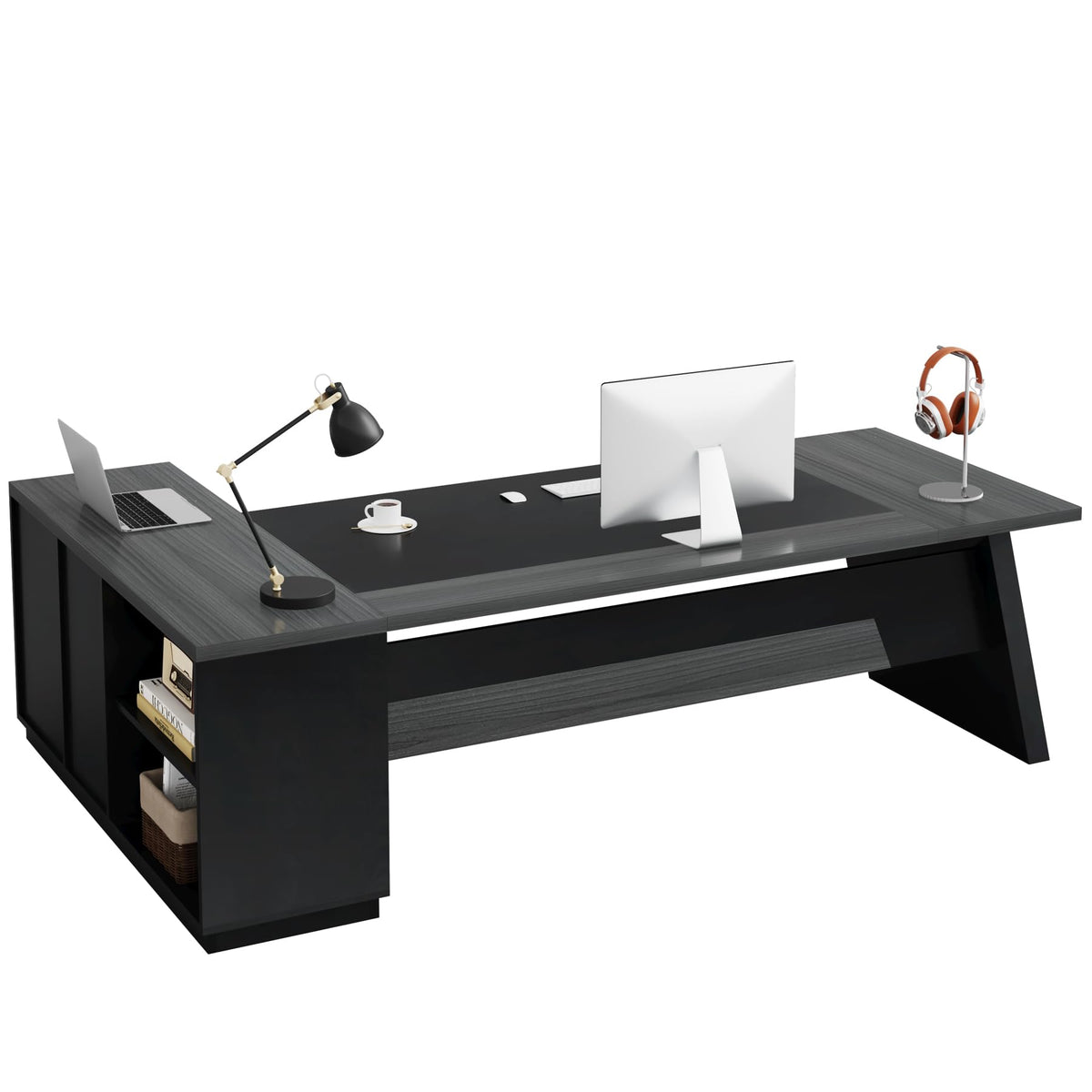Tribesigns L-Shaped Executive Desk, 78-Inch Modern Office Desk with Drawers and Lateral File Cabinet, Large Bussiness Furniture with Storage Shelves, Workstation for Home Office (Grey + Black)
