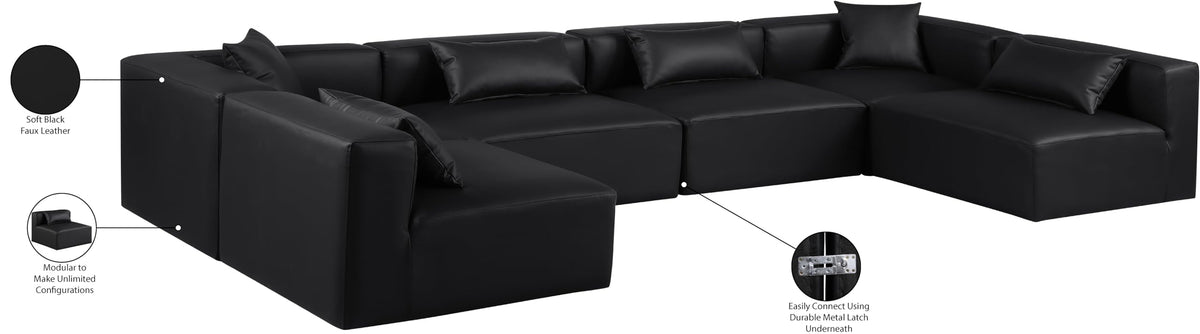Meridian Furniture 668Black-Sec6D Cube Collection Modern | Contemporary Modular Sectional with Soft Black Vegan Leather, Modular to Create Infinite Configurations, 144" W x 72" D x 26" H, Black