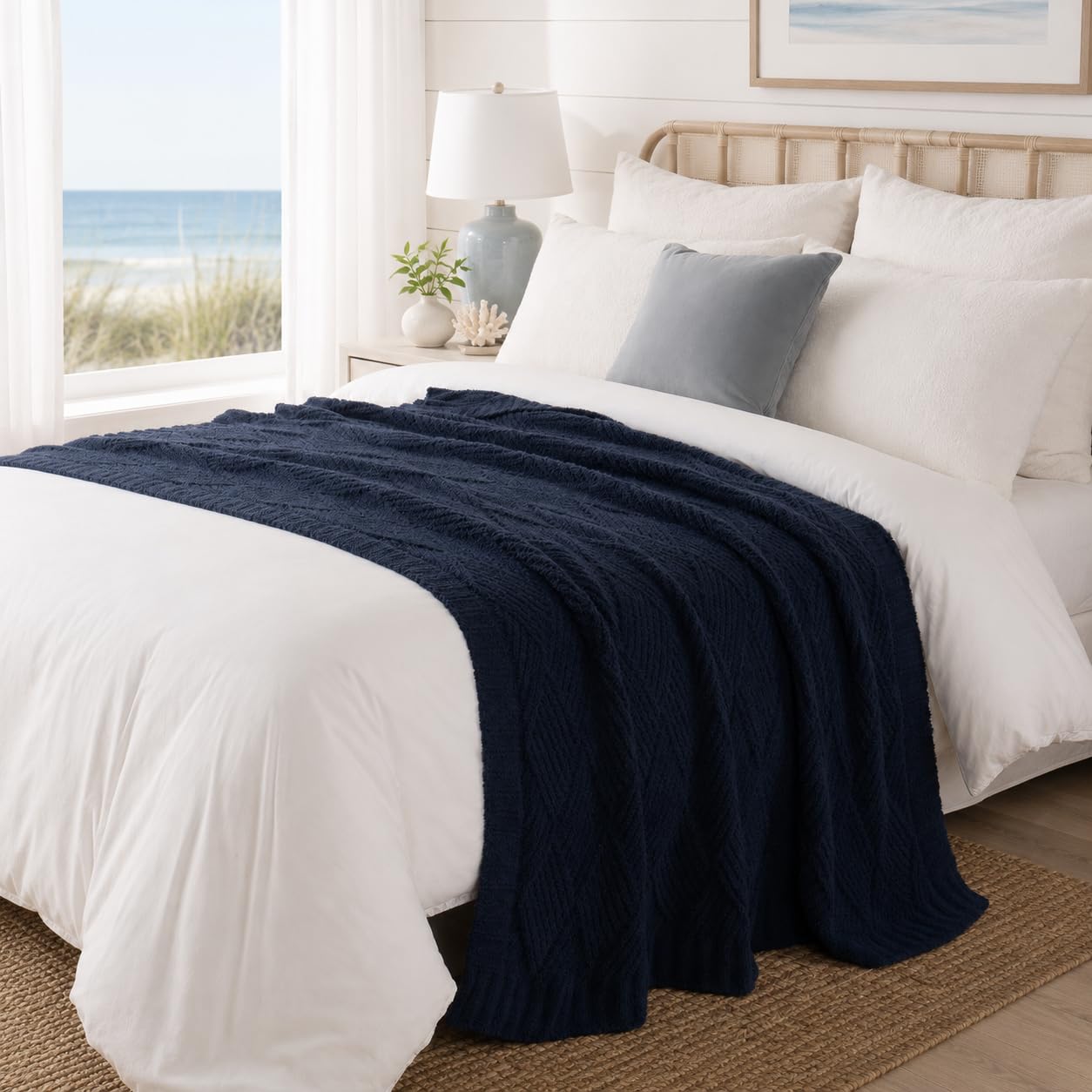 Battilo Navy Blue Chenille Throw Blanket for Couch, Soft Diamond Textured Knit Blanket, Cozy Lightweight Decorative Blankets for Sofa, 50"x60"