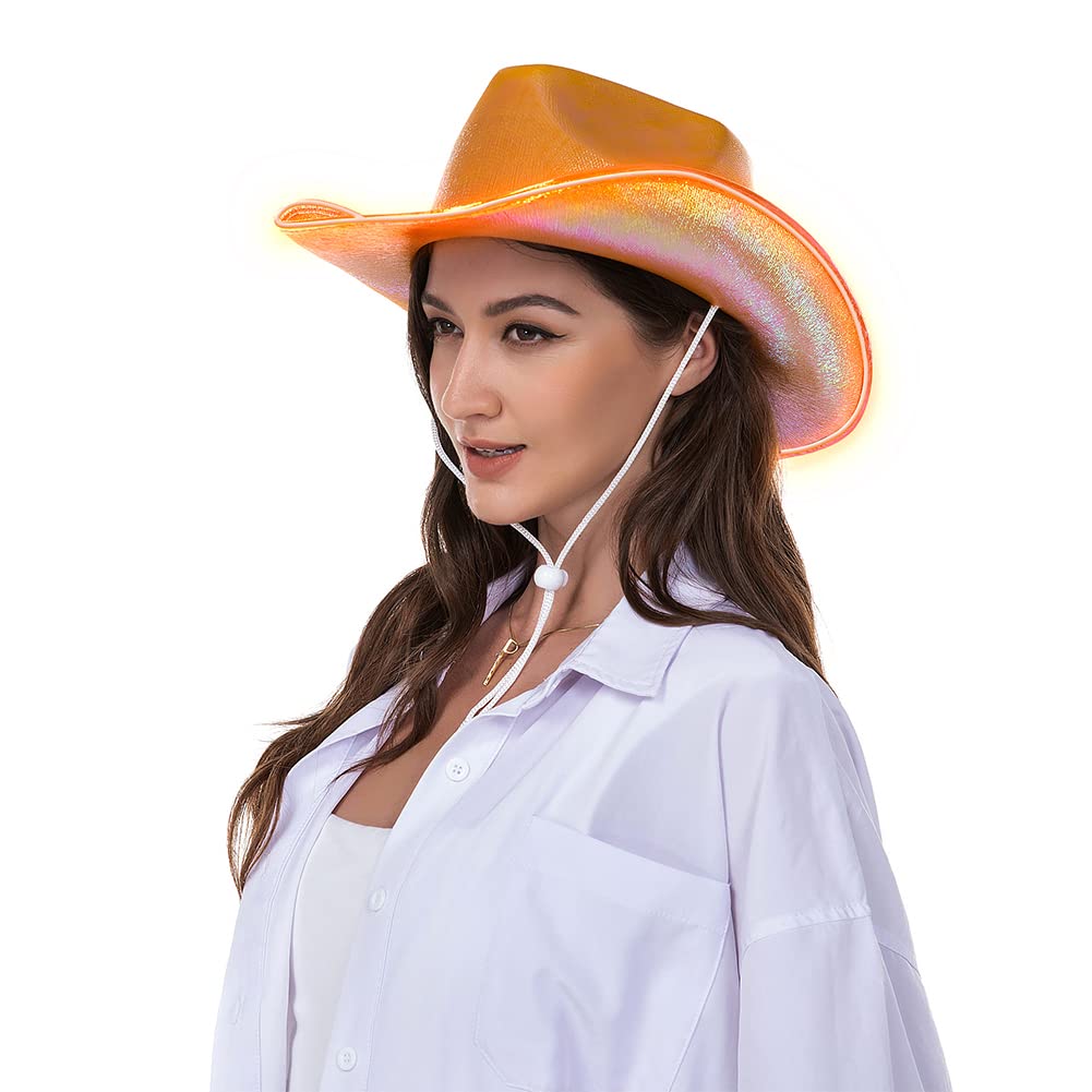 Light Up , Light Up Disco Cowgirl Hat, Holographic Space Cowboy Hat, Led Orange