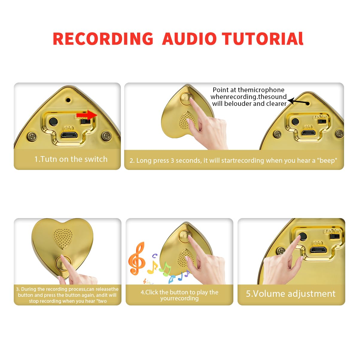 350s Voice Box Recordable Presents Button Sound Box for Stuffed Animals, Voice Recorder for Mother's Day Valentine Christmas Plush Toy,Manual DIY Creative Sound Present for Boys Girls (Gold)