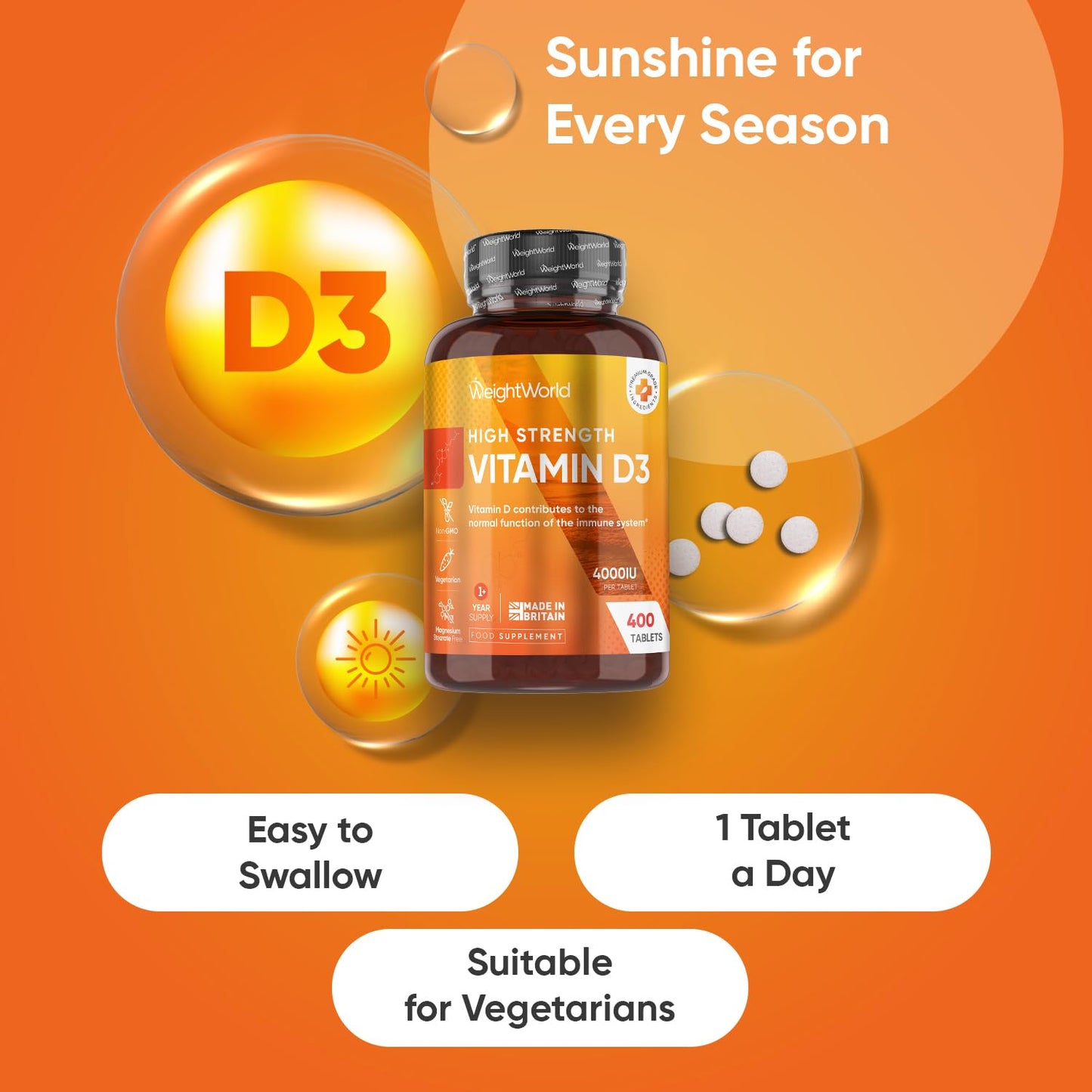 Vitamin D3 4000IU | 400 Tablets | 1+ Year Supply | 6mm Micro Vitamin D Tablets | Easy to Swallow VIT D | One A Day Supplement | Made in The UK | Magnesium Stearate-Free | Vegetarian Friendly
