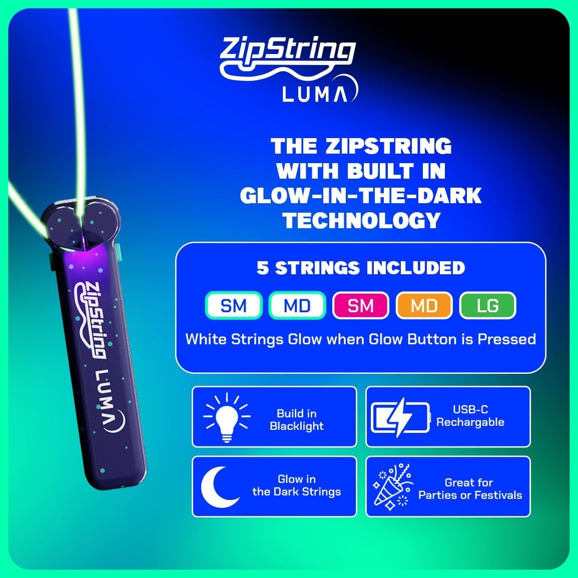 ZipString Luma – Glow in the Dark String Launcher Toy – Viral Outdoor Fidget Toy for Kids & Adults – Cool Rechargeable Toys – Cosmic Green Glow Zip String