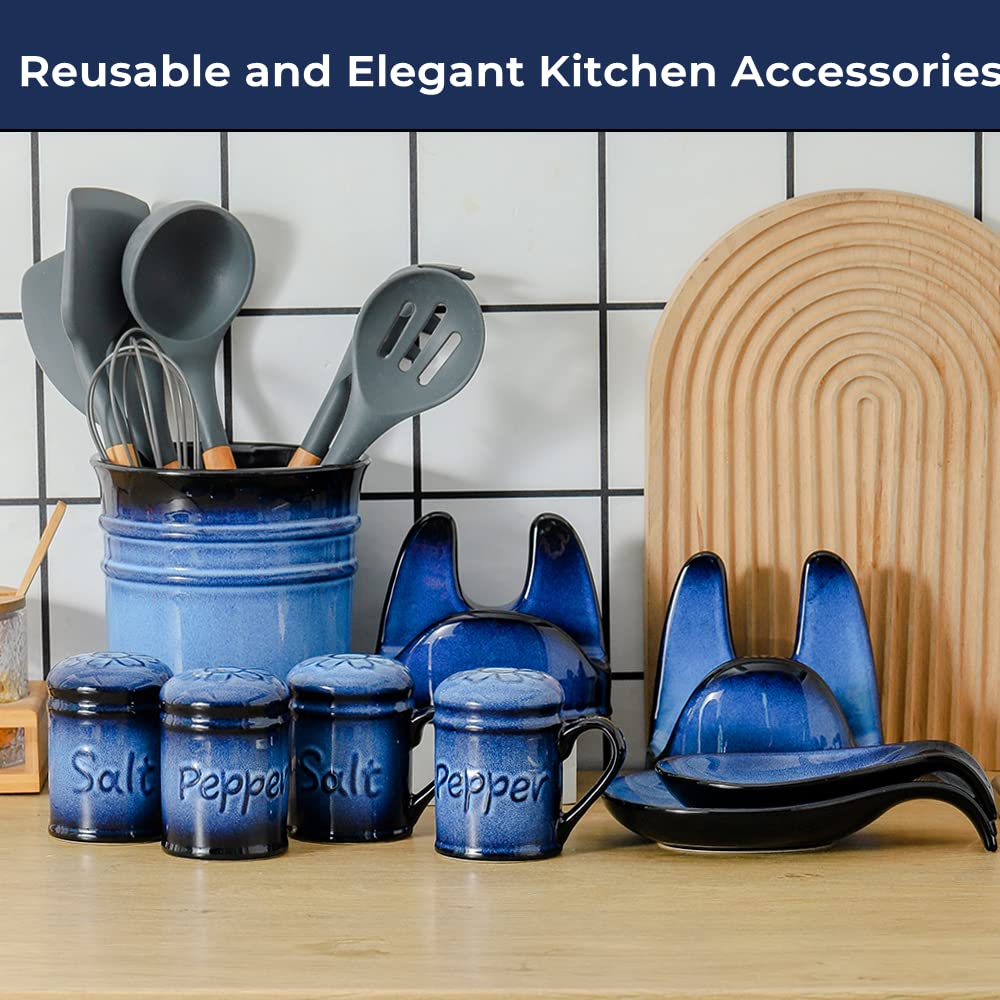 Nihow Ceramic Cute Salt and Pepper Shakers Set: 2.6 Inch Salt and Pepper Set/Sugar Salt Shaker with Handle for Counter -Resist Rusting Seasoning Shaker -Elegant Black & Blue (Set of 2)