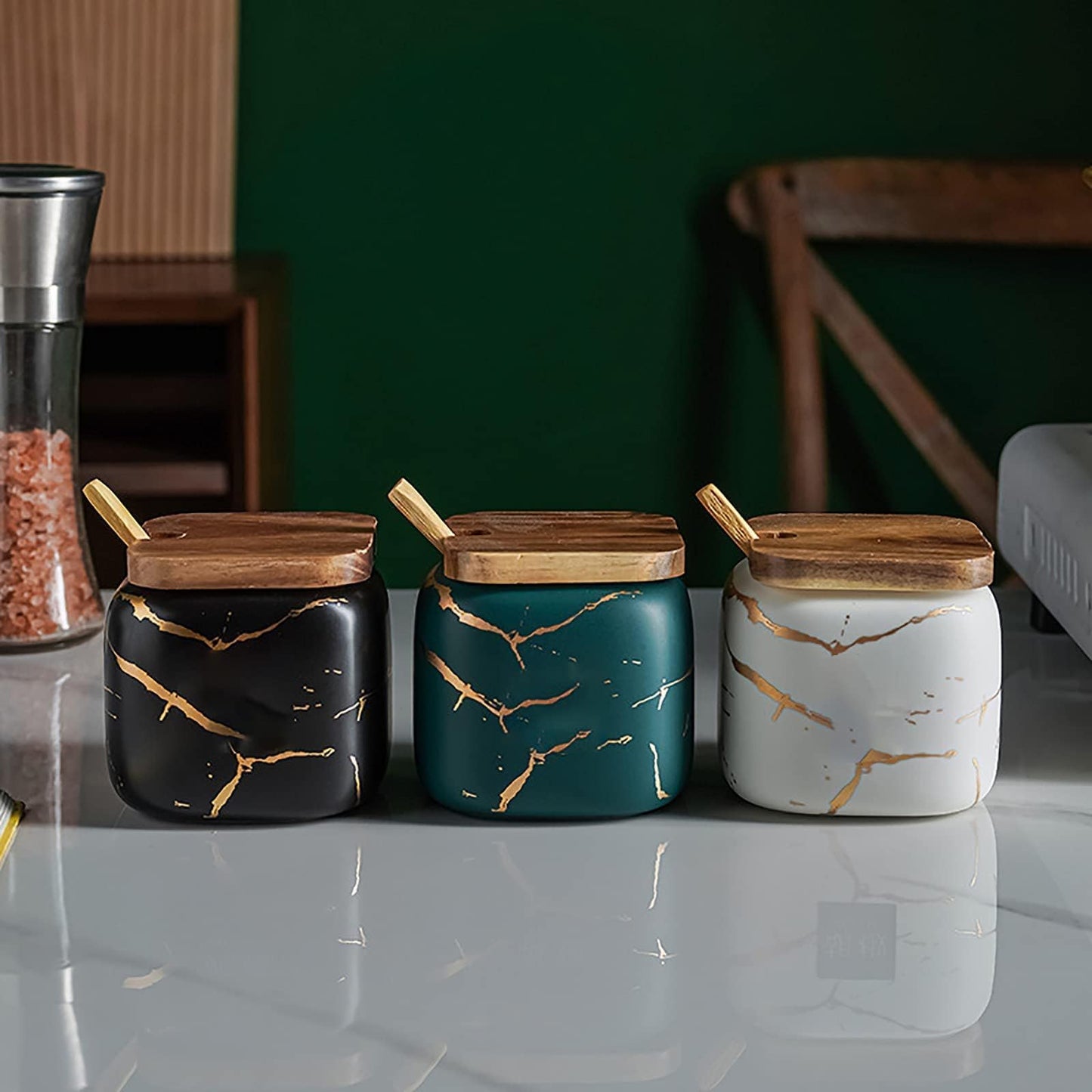 JFFLYIT 3 Pcs Sugar Bowls Ceramic Coffee Jar Set Ceramic Seasoning Jar with Lid Spoon and Tray/Food Storage Canister (Color Mixing)