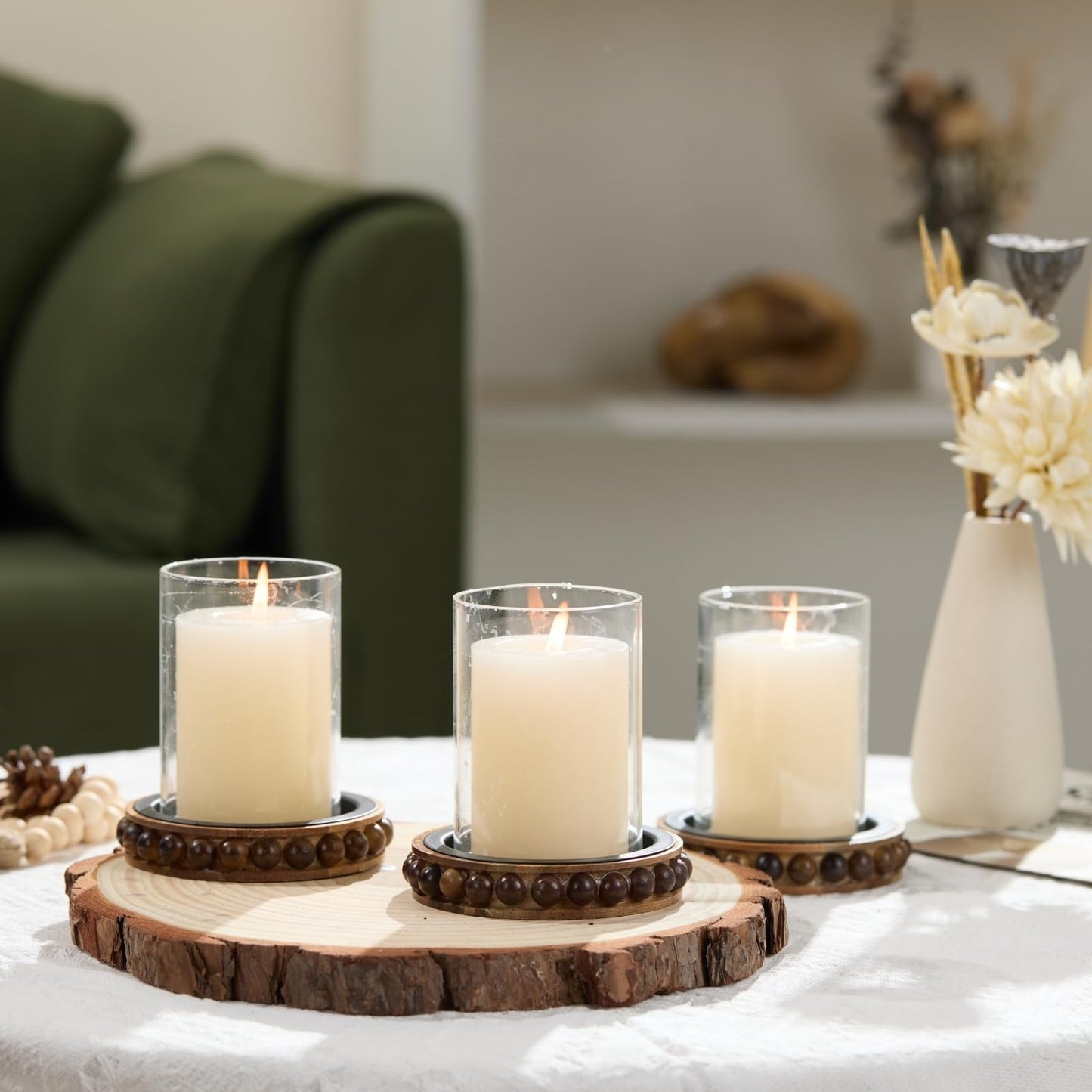 THORNIA Wooden Candle Holders for Pillar Candles, Set of 3 Acacia Wood Beaded Plate with Metal Cup Inserts, 4 Inch Rustic Farmhouse Tray Stand for Fireplace Mantel, Table Centerpiece Decor