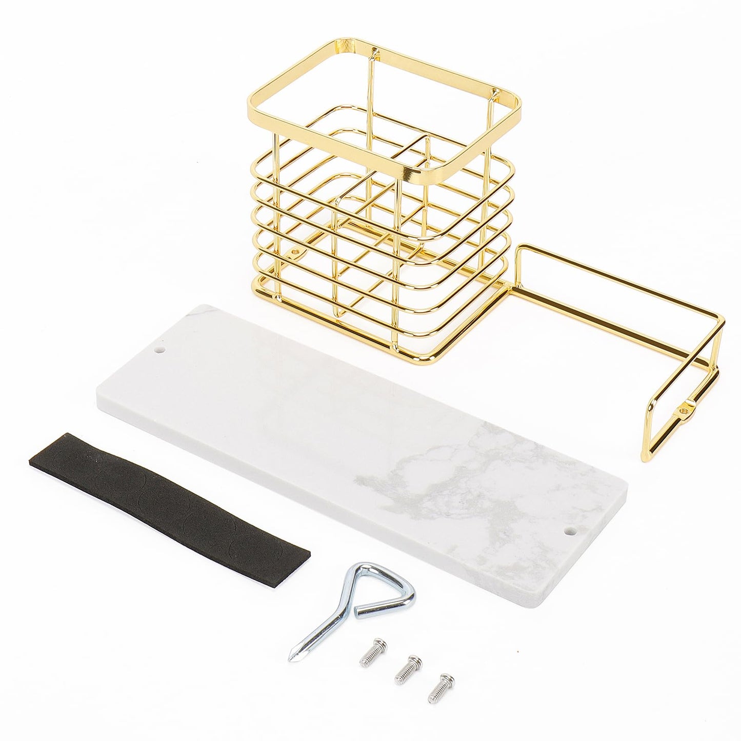 HarJue Toothbrush Holder, Luxurious Metal Toothbrush Toothpaste Holder with Marble Base for Bathroom, Multi-Slots Openwork Design, Bathroom Accessory for Storage and Organizer (Large, Gold)