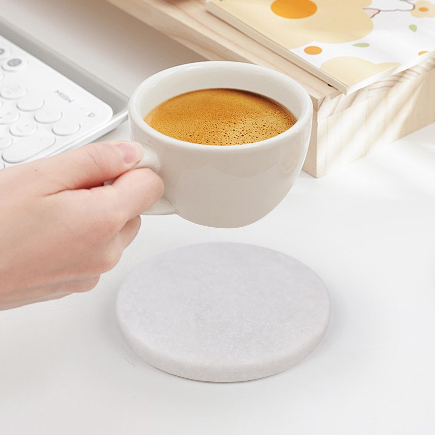 White Marble Coasters with Bling Particles, Set of 4 - Natural Marble Stone Drink Coaster with Protective Silicone Feet, 4 inch Diameter, 0.4 inch Thick - Heat-Resistant Coasters for Coffee Table