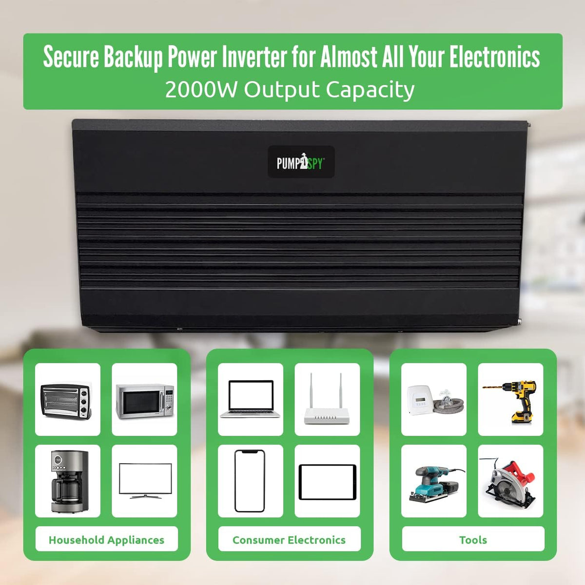 PumpSpy 2000W Sump Pump Battery Backup System, Safe Back Up System for Emergency and Power Outage, Superior Home Silent Sump Pump Backup Power Supply with Intelligent Cooling