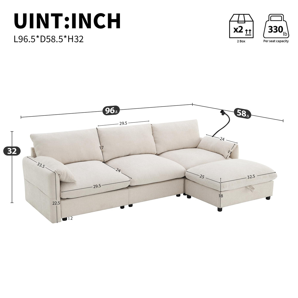 Merax Modern Chenille Sectional Sofa with Storage Ottoman, USB Charging Port & Phone Holder, L-Shaped 4-Seat Couch Set with Deep Seat for Living Room, Apartment, Beige