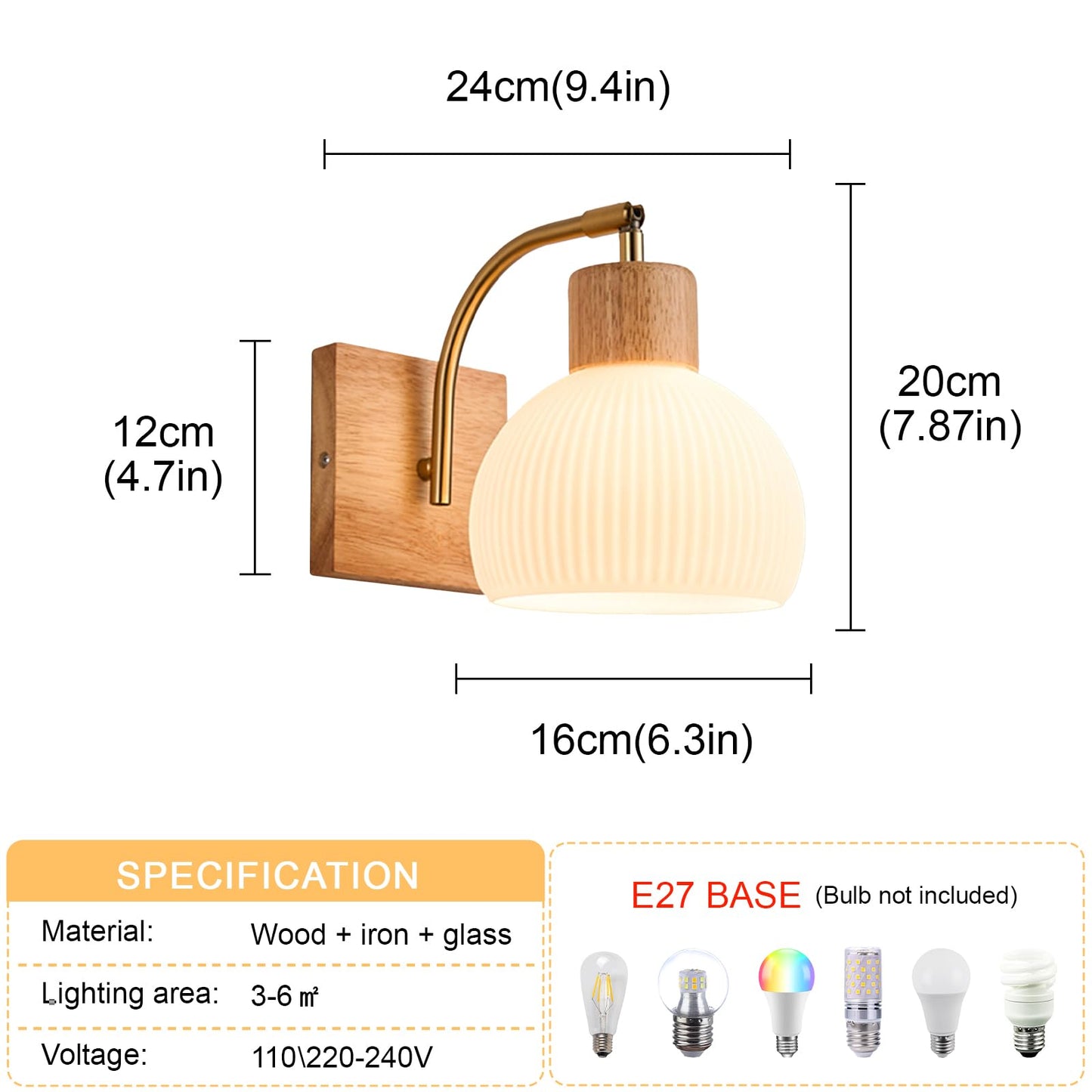 RXPVUXE Globe Milk White Glass Wall Lamp Nordic Solid Wood Wall Sconce Adjustable Bedroom Bedside Reading Lighting, Modern Retro Half Globe Wooden Home Decor Lighting Fixture for Loft Living Room