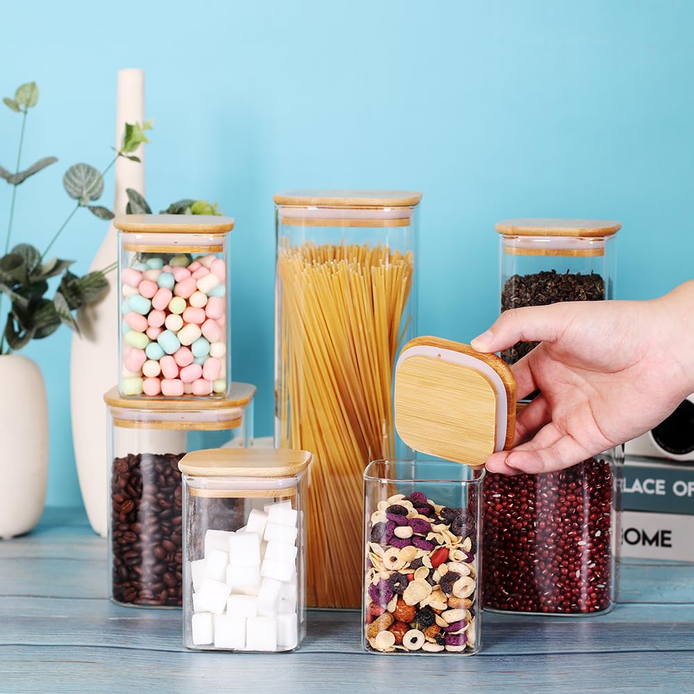 LEAVES AND TREES Y Glass Storage Canister with Wooden Lid, Set of 7 Square Glass Jars with Bamboo Lids, Glass Food Storage Containers for Pasta, Cereal, Flour, Sugar, Best for Kitchen & Pantry