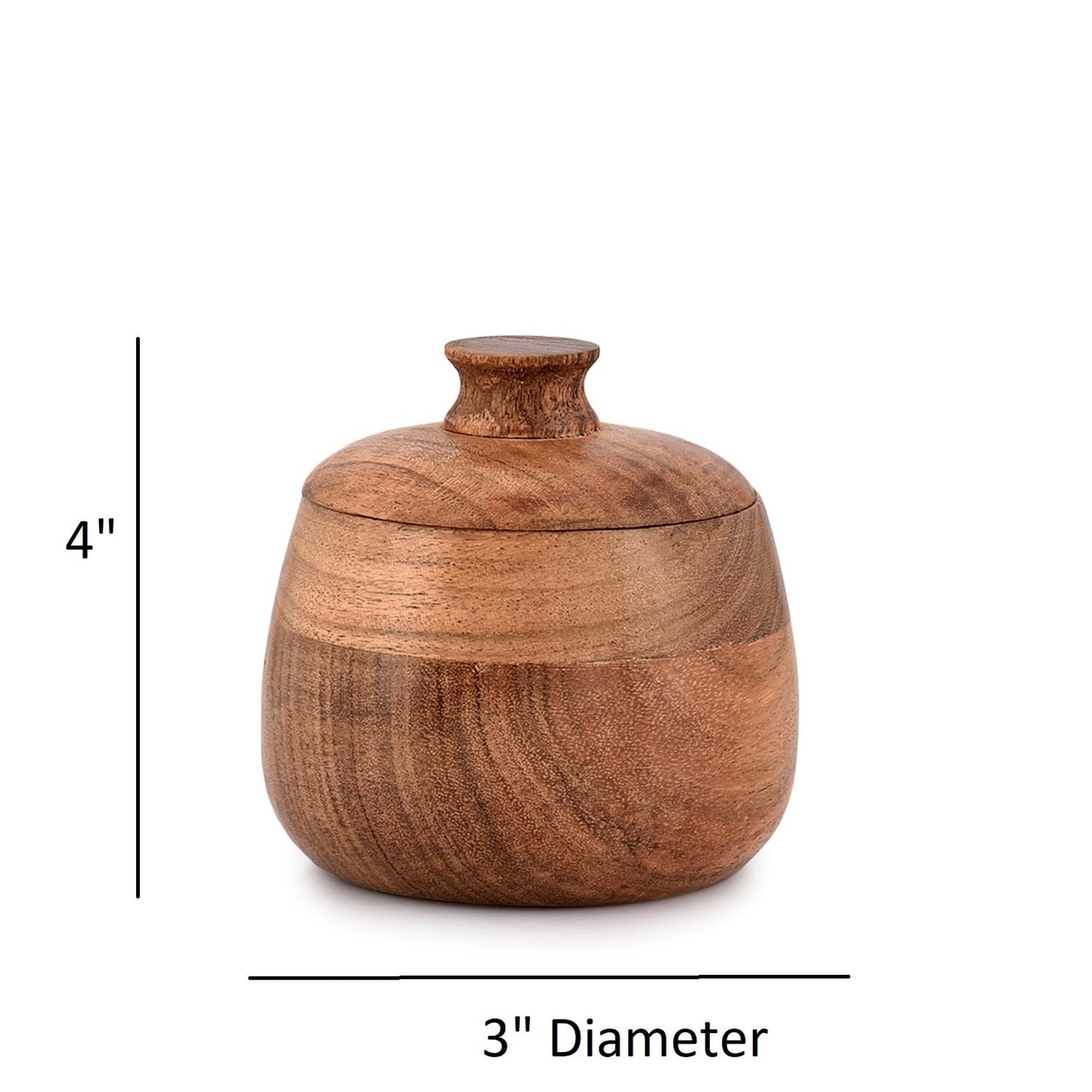 Kimona Round Acacia Wood Condiment Pot With Lids, for Salt Sugar Pepper or Chili Powder, Set Of 2 for Kitchen, Serving, Condiment, (3" x 3" x 4”)