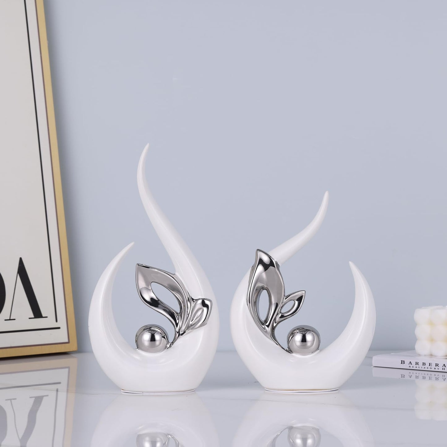 9.4" H White Silver Abstract Sculptures Home Decor, Ceramic Art Statue Cool Stuff to Put on Shelves&tv Stand Decor, Silver Accent Entertainment Center, for Fireplace Coffee Table Dining Table Decorate