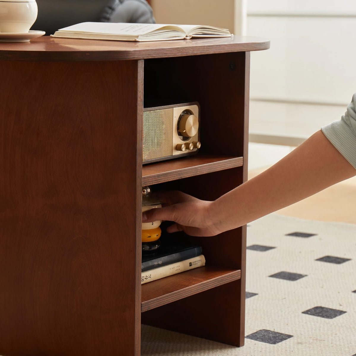 JAYULOR Wooden End Table, Small Side Table with Open Storage, Walnut
