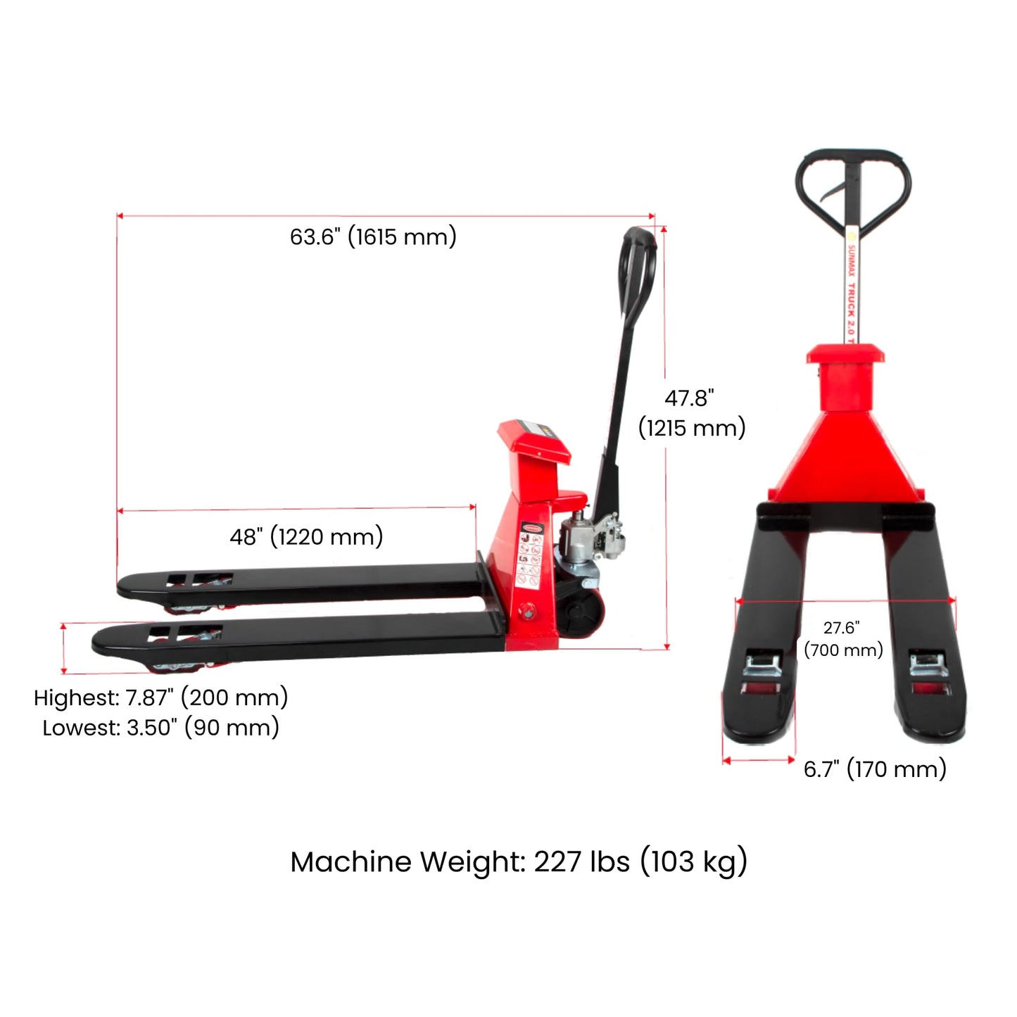 SUNMAX HD4400W Pallet Jack with Built-in Digital Scale, 4,400 lb Capacity, 27" W x 48" L Forks Manual Pallet Truck for Warehouse and Retail