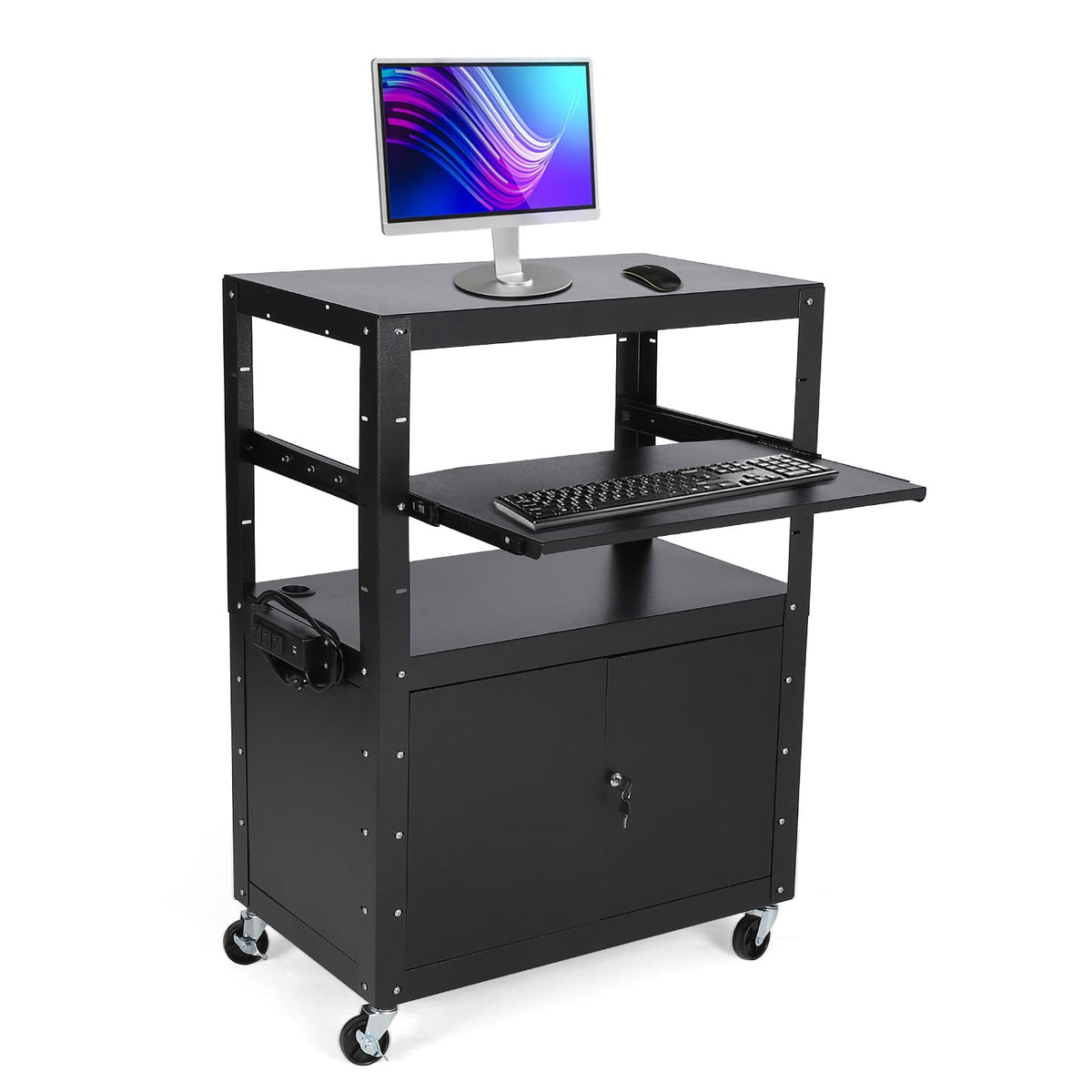 GAOMON Rolling AV Cart with Locking Cabinet, Laptop Stand, and Drop Leaves, Height Adjustable Mobile Utility Cart Workstation with Extra Storage Space, Power Strip