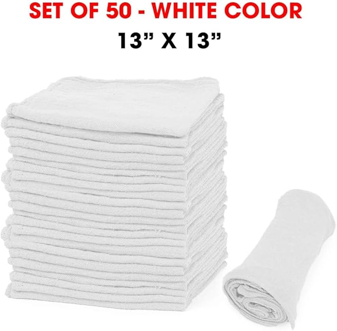Shop Towels – Pack of 50 Reusable Cleaning Rags – Durable Quality Cotton – 13"