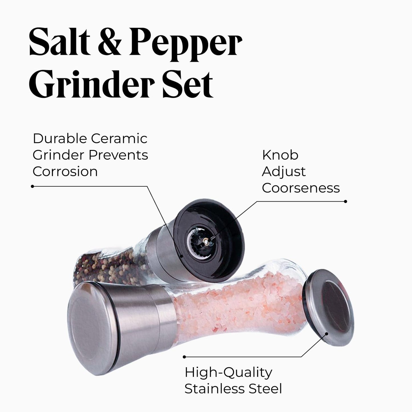 Willow & Everett Salt and Pepper Grinders - Set of Premium Stainless Steel Mills w/Stand – Tall Shakers w/Adjustable Coarseness - Salt & Pepper Mills w/Lids