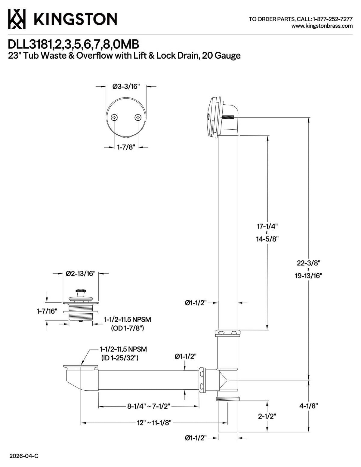 Kingston Brass DLL3187 23" Lift and Turn Tub Waste and Overflow, 20 Gauge, Brushed Brass