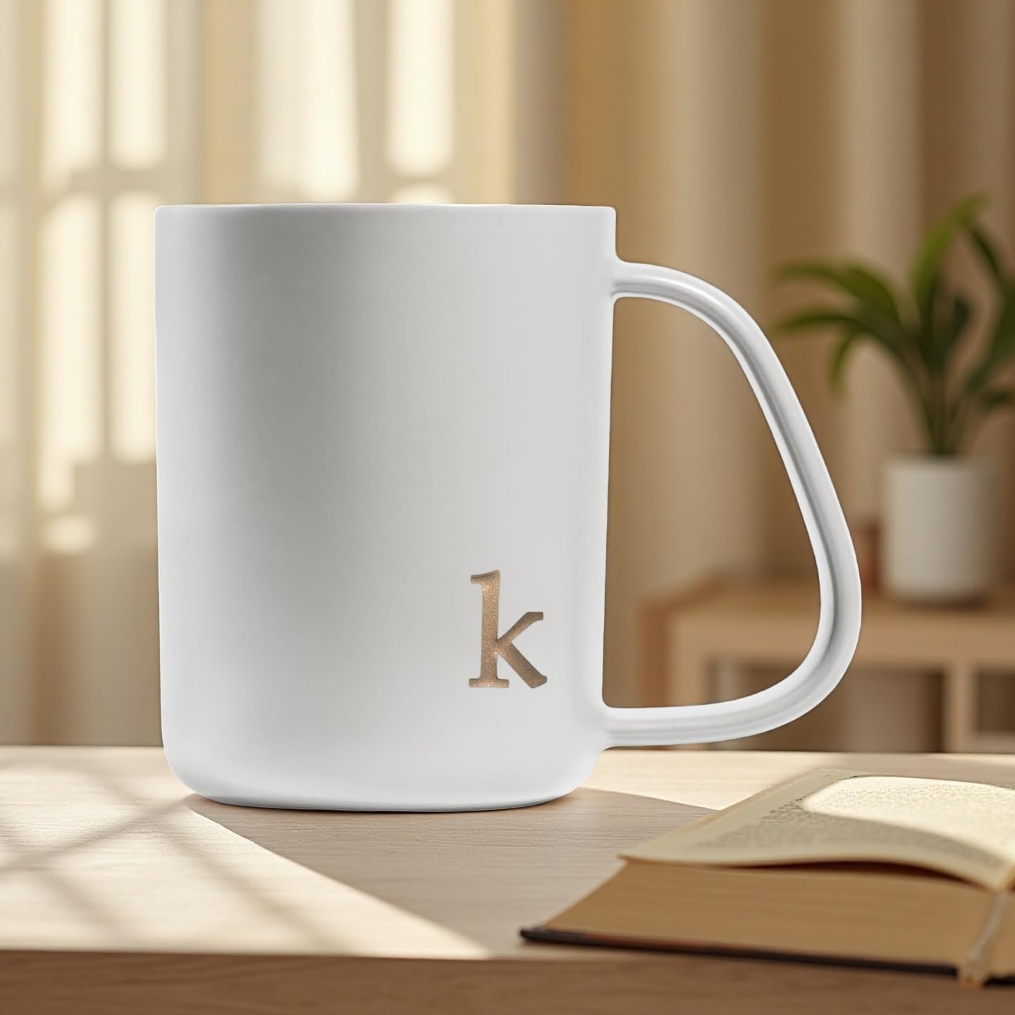 COLLECTIVE HOME - Ergonomic Handle Ceramic Mug, 15 oz Personalized Coffee Cup with Golden Initial, Microwave & Dishwasher Safe, Elegant Monogram Tea Mug in Gift Box for Home & Office (White-k)