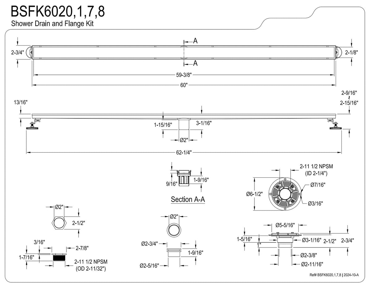 Kingston Brass BSFK6028 Watercourse 60" Stainless Steel Linear Shower Drain with Reversible Tile Insert and Flat Grate, Drain with Base Flange and Hair Strainer, Brushed Nickel