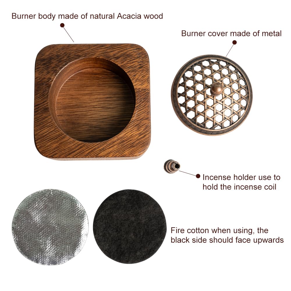 MIGAKU HOME Square Incense Burner Holder - 4" Handcrafted Walnut Wood Censer with Metal Alloy Lid | Natural Incense Stick/Bowl Tray for Yoga & Meditation | Luxury Home Decor Gift for Zen Lovers