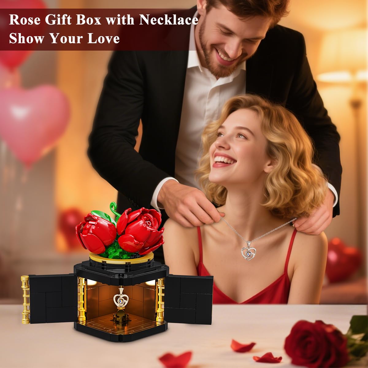 HOGOKIDS Flowers Box Building Set with LED & Necklace, for Mom/Wife, 312PCS Preserved Rose with Heart Necklace for Adults Women on Birthday Anniversary, I Love You in 100 Languages