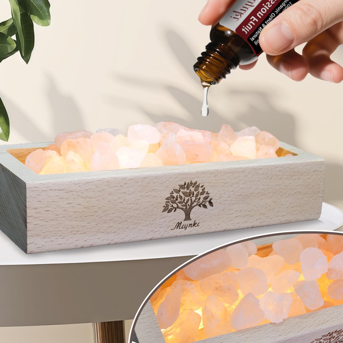 mlynkl Himalayan Pink Salt Lamp Diffuser with Wood Base - 300g Natural Salt, USB Powered, Warm Light & 10ml Passion Fruit Essential Oil Set for Aroma, Relaxation, Meditation, Home Decor, Gifts