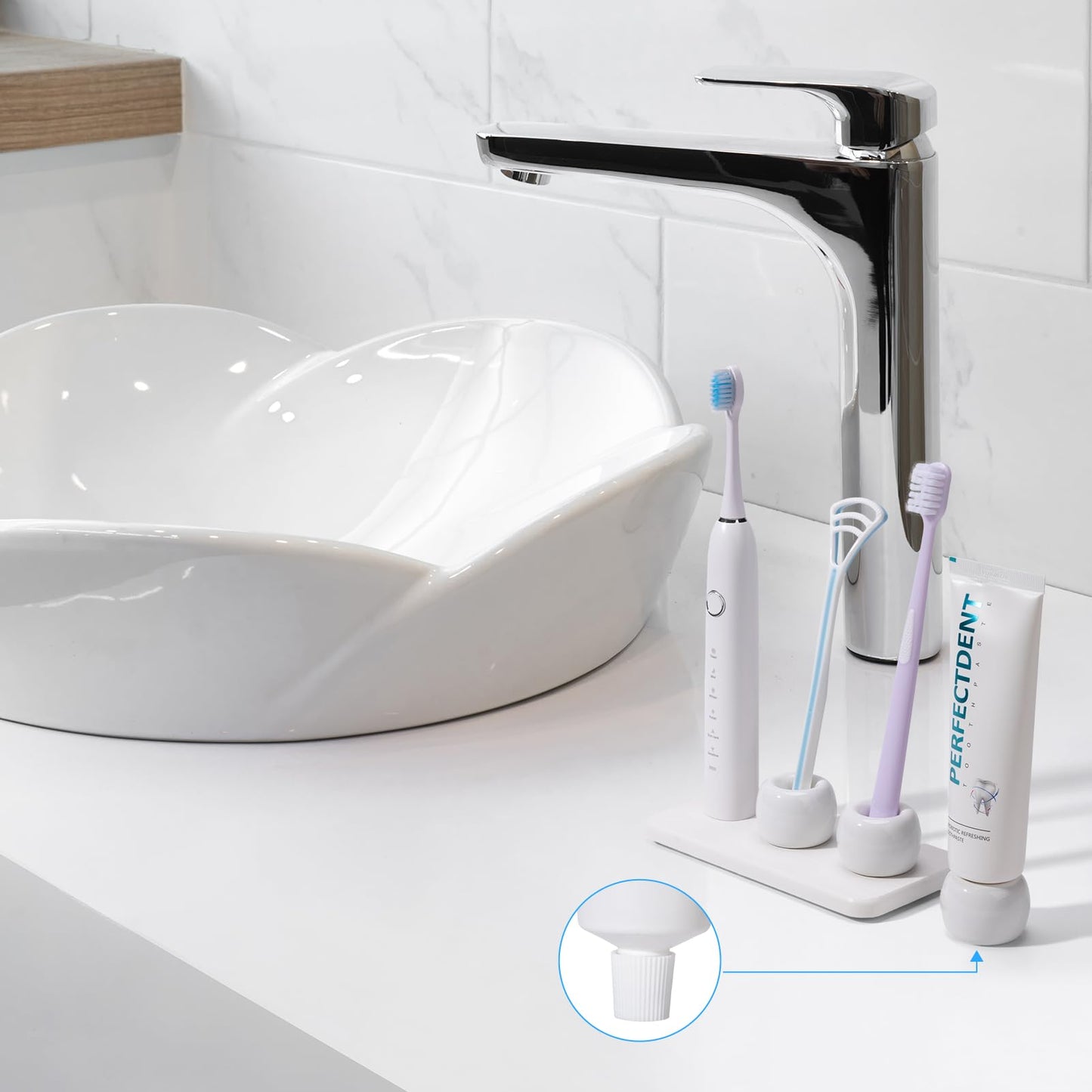 Dersyer 3 Pack Mini Ceramic Toothbrush Holder Stand with 1 Pack Water Absorbing Stone for Bathroom Vanity Countertop, Toothbrush Organizer, White