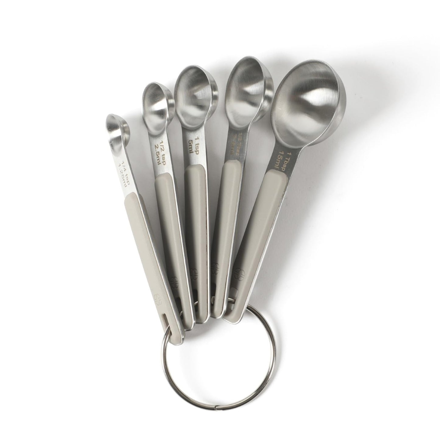 Calphalon Prime Measuring Spoons, 5-Piece Stainless Steel Measuring Spoon Set with Taupe Silicone Handles, Accurate Kitchen Measuring Tools for Spices, Baking & Small Portions