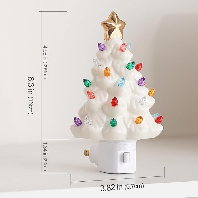 B SEPOR Nostalgic 6.5" Ceramic Christmas Tree That Light Up Wall Mounted Type Plug-in Night Light Mini Decorative Lamp