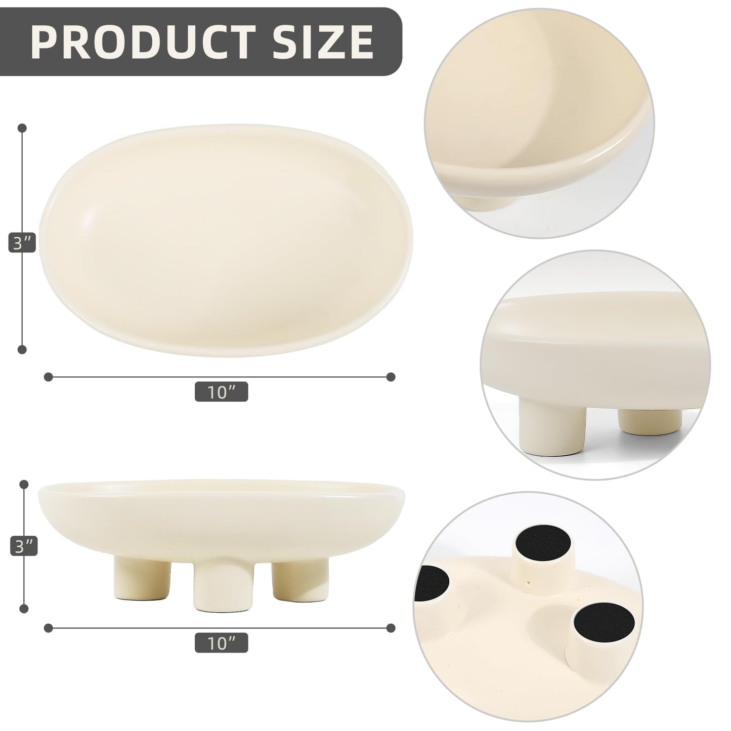 MELIUDEY Fruit Bowl Three-Legs Ceramic Fruit Bowl for Kitchen Counter, 12 Inch Fruit Basket Decorative Candy Bowl for Table Décor, Oval Large Bowls Key Bowl Home Table Décor (Crème 12 Inch)