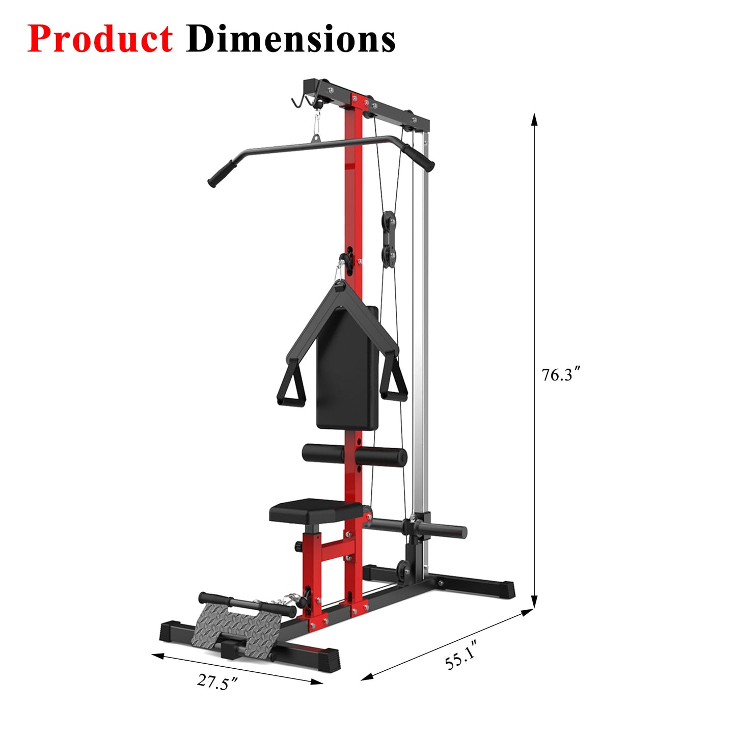 CABIHOME LAT Power Cable Machine - Adjustable Leg Support LAT Pull Down Machine with High & Low Pulley for Home Gym Back Strength Training,Black & Red